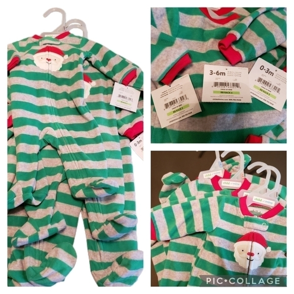 Lot of 4 - Child of Mine Carters Santa Footed Pajama Green Grey Infant 3 sizes - Picture 1 of 7